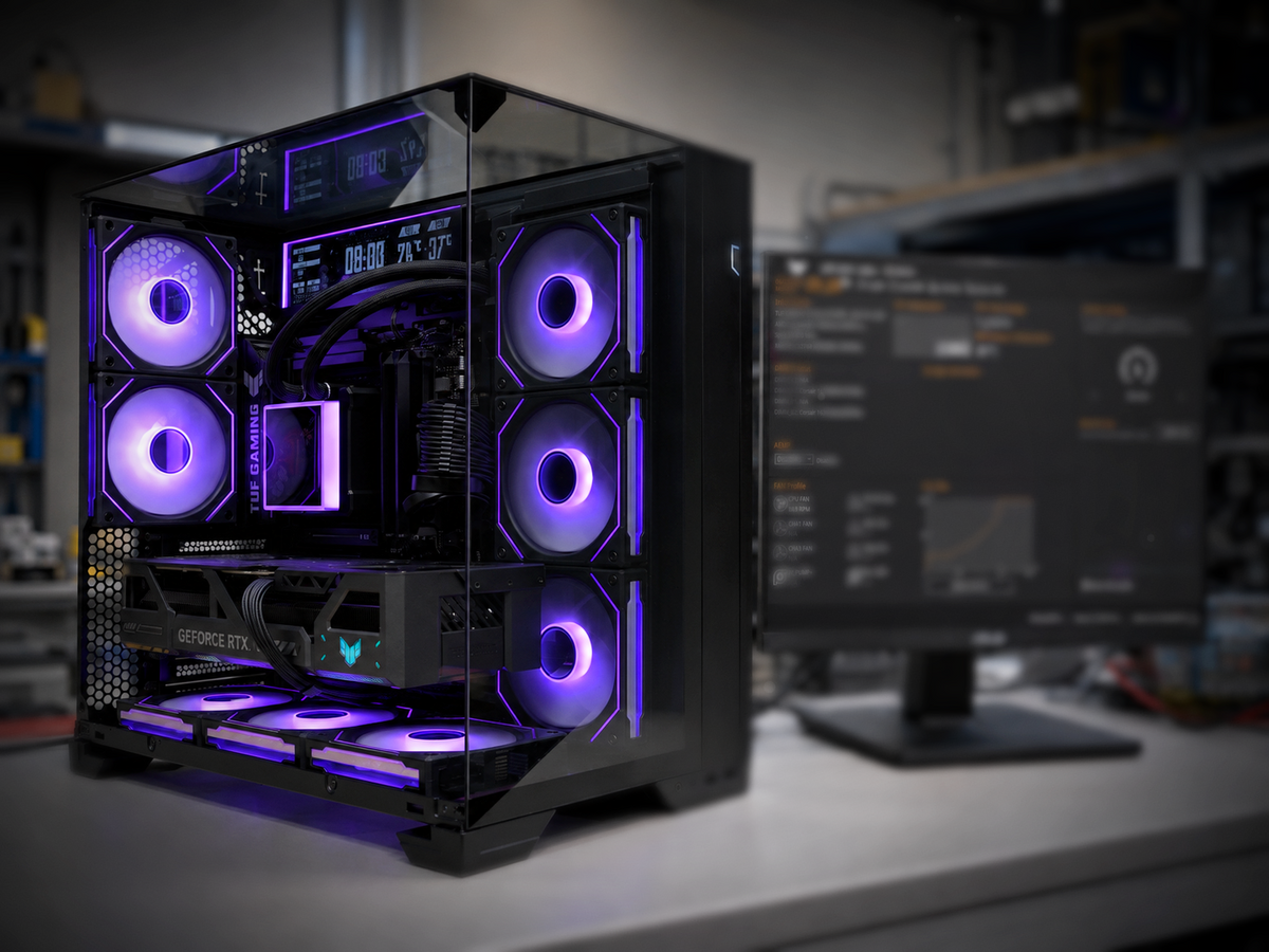 Valhalla Thor gaming PC with purple RGB lighting on a workshop bench beside an ASUS monitor showing BIOS settings during system validation.