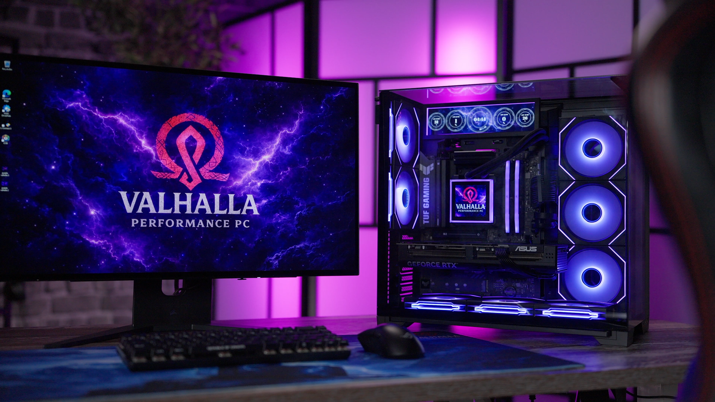 Valhalla Thor custom gaming PC with purple RGB lighting and Lian Li fans during the unboxing video
