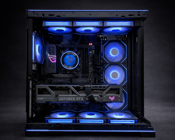 RTX 5090 extreme performance gaming PC with high airflow case and liquid cooling