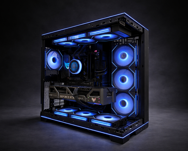 Computer case with blue LED lighting on a dark background