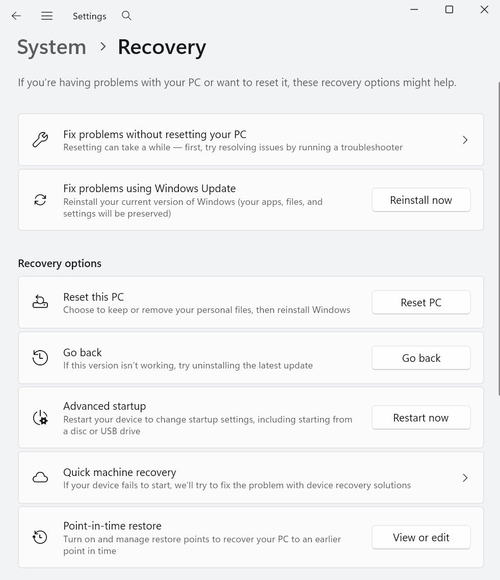Windows 11 Recovery settings page showing the Reset this PC option and other recovery tools.
