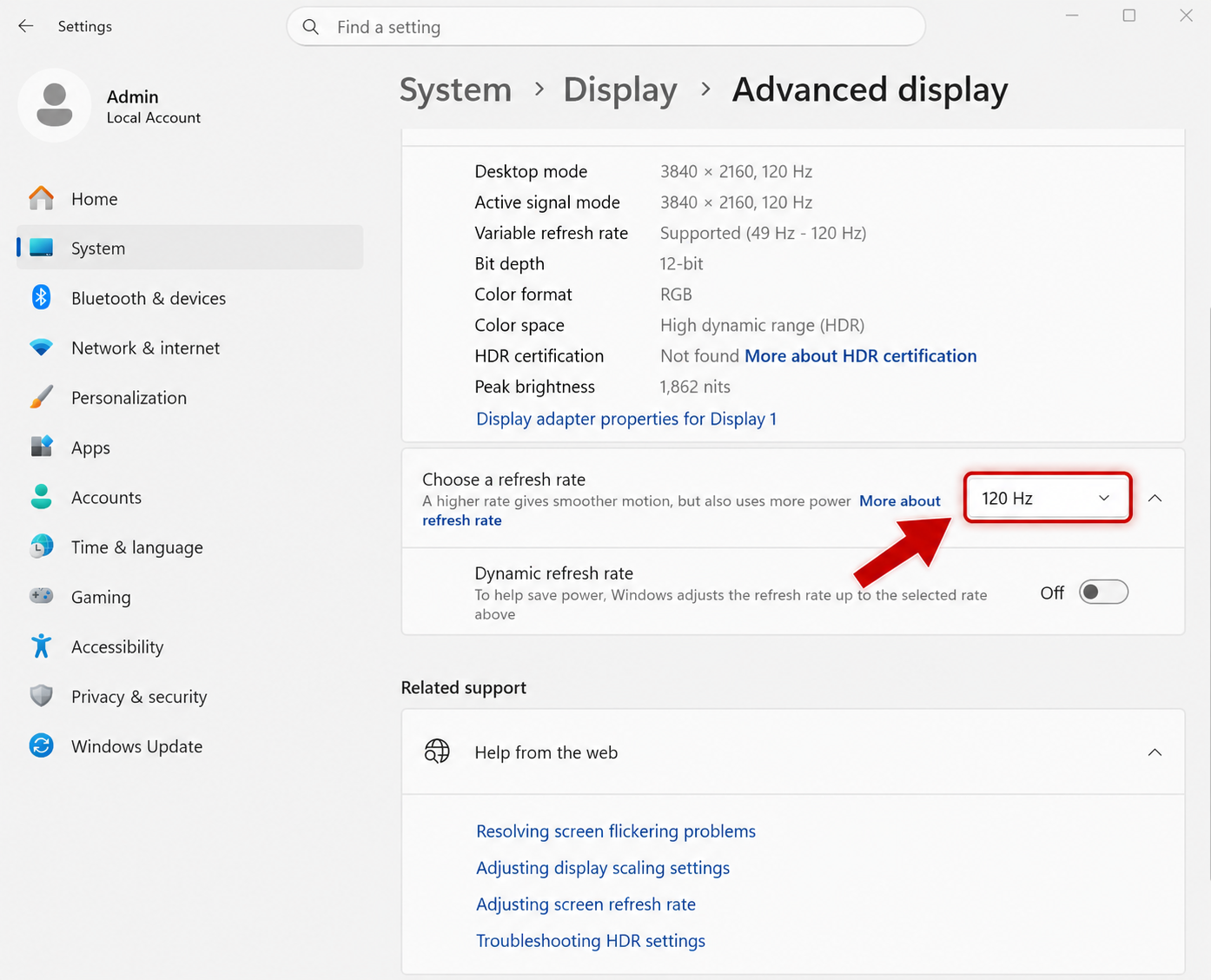 Windows 11 Advanced display settings showing the Choose a refresh rate menu set to 120Hz